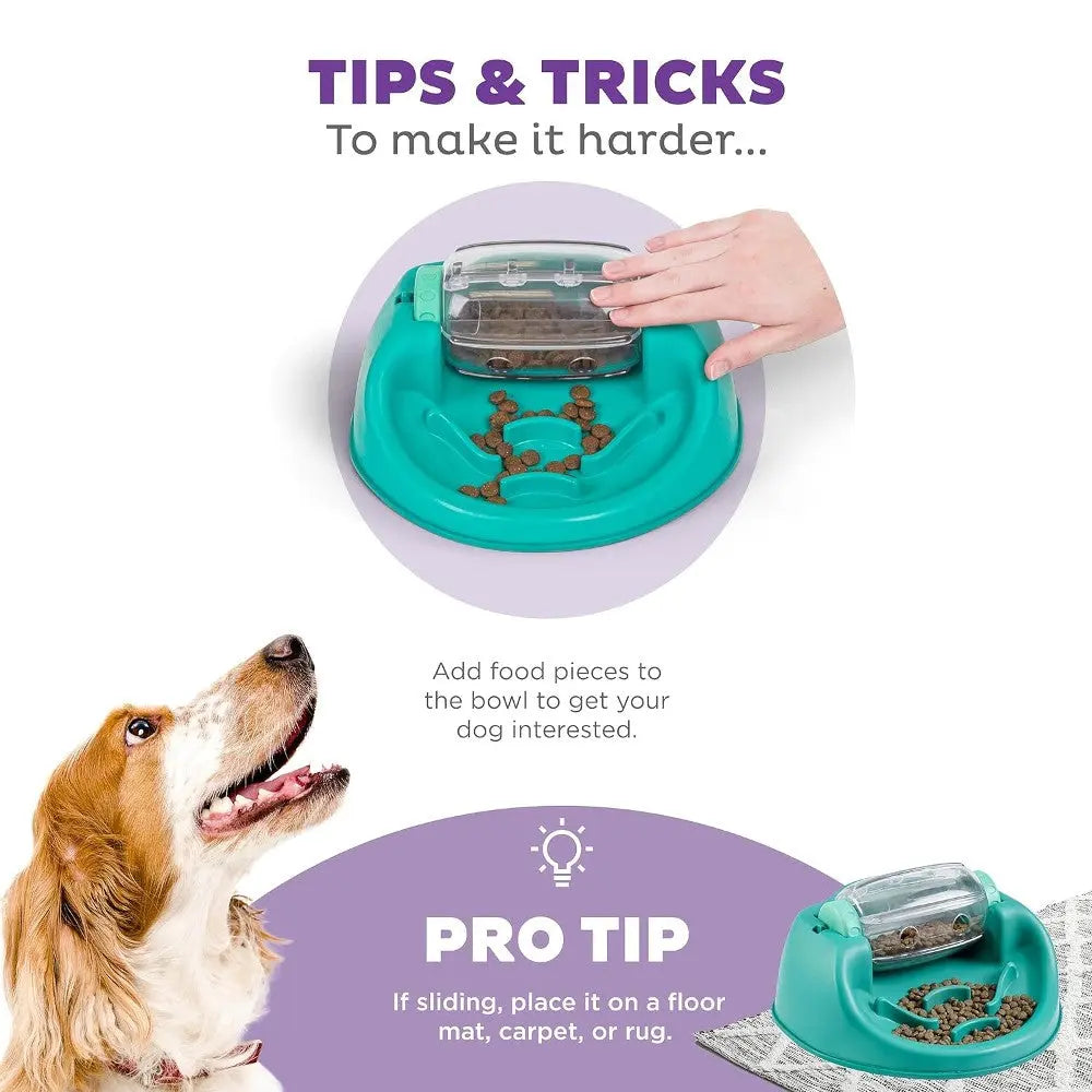 Interactive dog bowl with tips for engaging feeding and preventing sliding on surfaces.