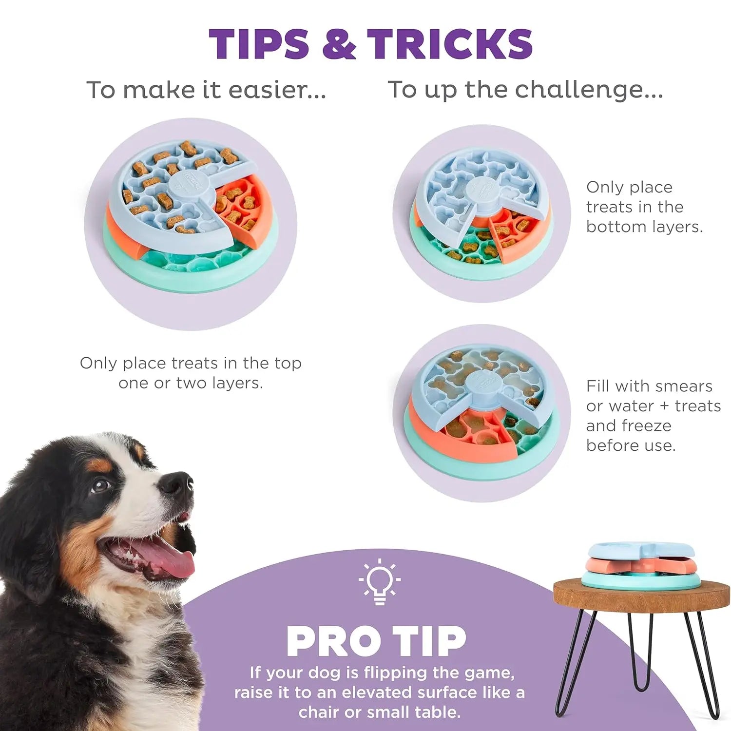 Dog puzzle feeder tips for easy use and challenge enhancement with treat placement and freezing instructions.