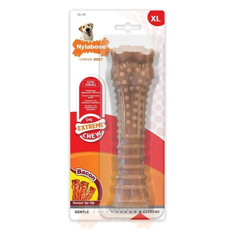 Nylabone XL dog chew toy in bacon flavor, designed for extreme chewers and long-lasting fun.