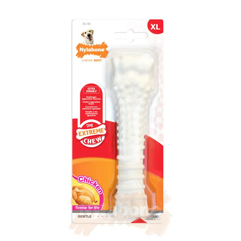Nylabone XL chicken-flavored dog chew toy for extreme chewers, promoting dental health and playtime fun.