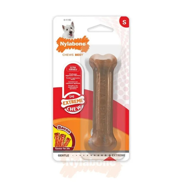 Nylabone extreme chew toy for dogs, bacon flavor, durable and gentle for small breeds.