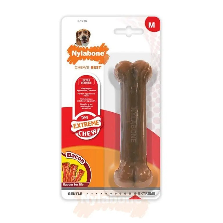 Nylabone extreme chew toy for dogs, bacon flavor, durable and designed for aggressive chewers.