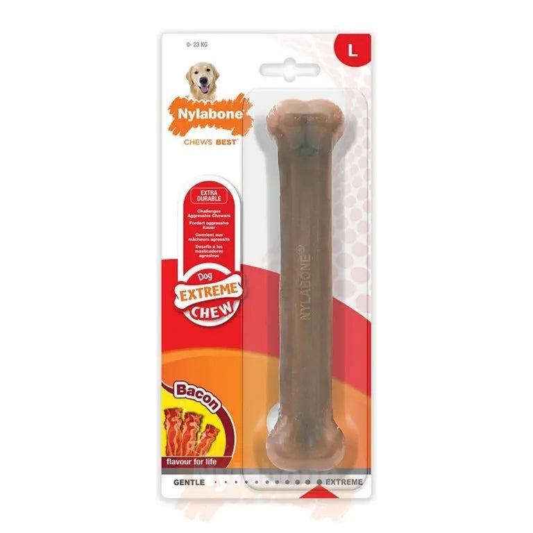 Nylabone extreme chew toy for dogs, bacon flavor, durable and long-lasting for aggressive chewers.