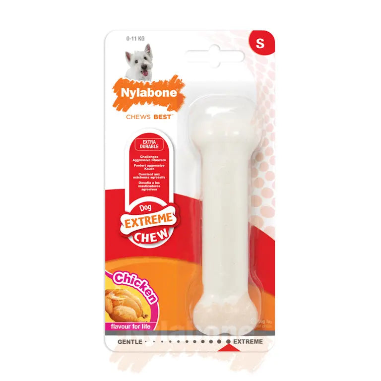 Nylabone chicken-flavored dog chew toy, extra durable for extreme chewers, suitable for small dogs.