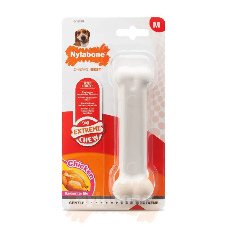 Nylabone chicken-flavored dog chew toy for extreme chewers, designed for durability and long-lasting fun.