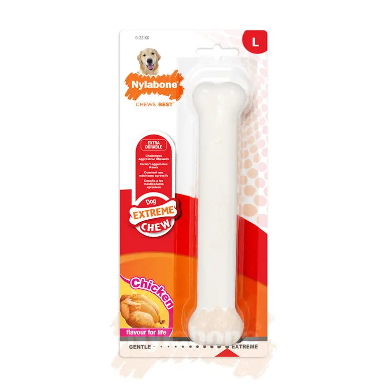 Nylabone extreme chew toy for dogs, chicken flavor, durable and designed for aggressive chewers.