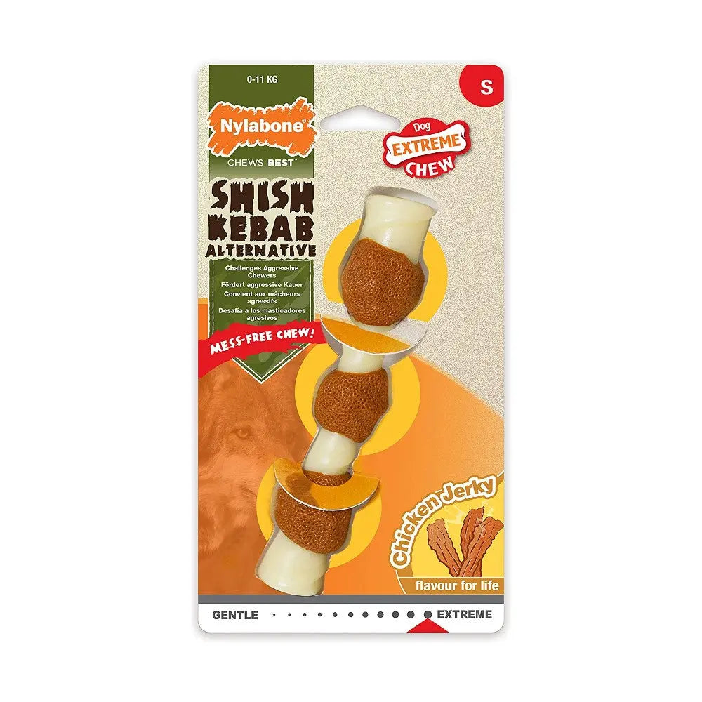 Nylabone Shish Kebab Alternative for dogs, extreme chew toy with chicken jerky flavor.