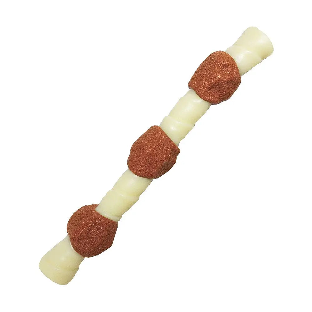 Dog chew toy with a mix of chewy textures for dental health and entertainment.