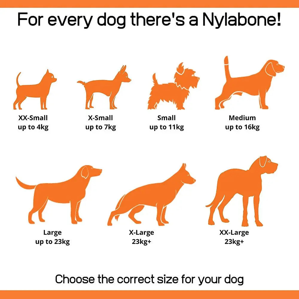 Infographic showing Nylabone sizes for different dog breeds and weights, from XX-Small to XX-Large.