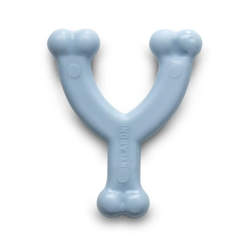 Blue dog chew toy shaped like a Y, designed for playful chewing and dental health.
