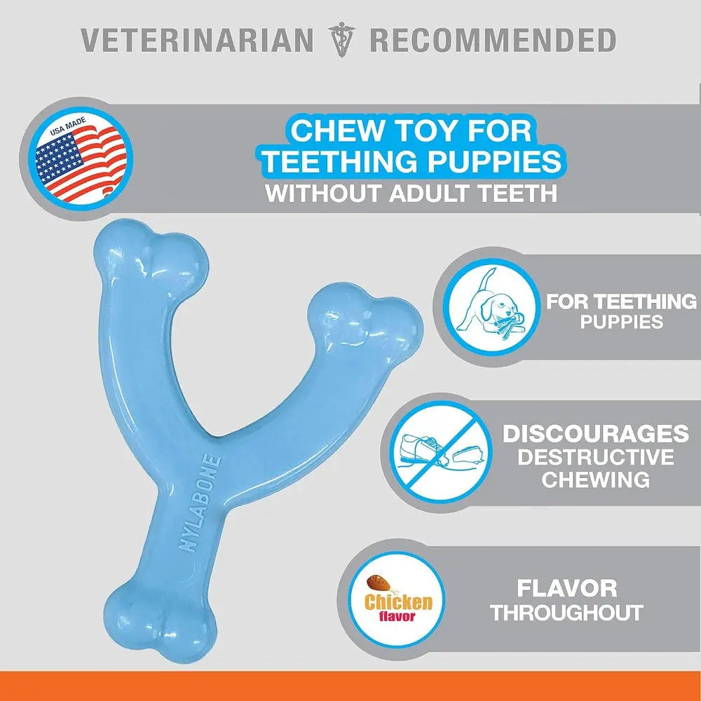 Blue chew toy for teething puppies, discourages destructive chewing, and offers chicken flavor throughout.