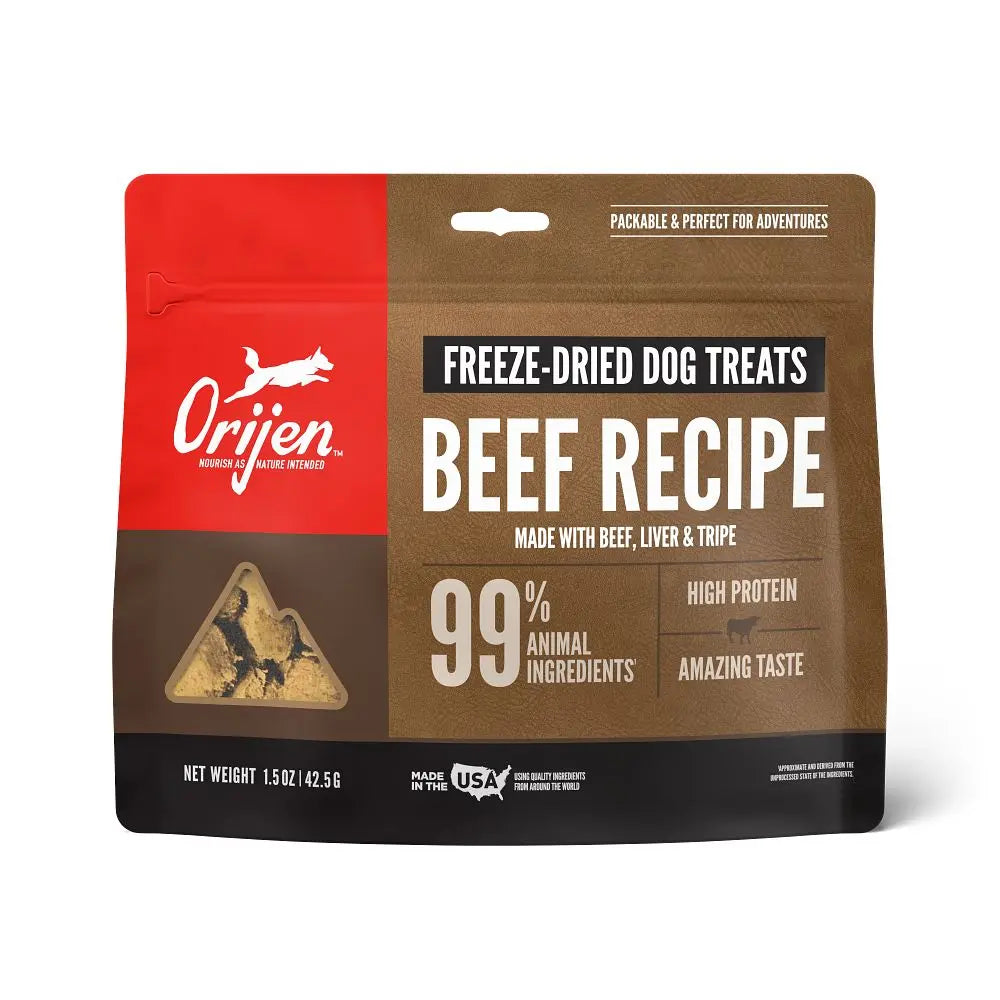 Freeze-dried beef dog treats with 99% animal ingredients for high protein and great taste.