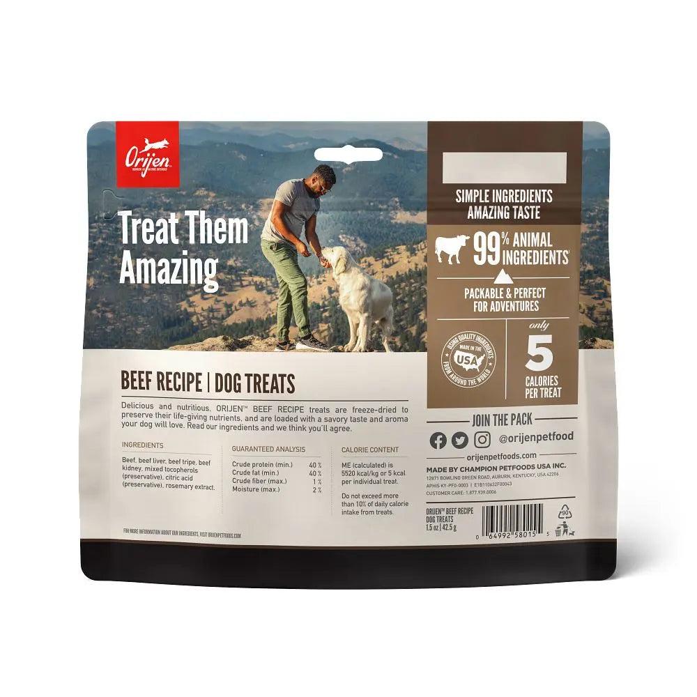 Beef recipe dog treats packaging featuring a man with a dog in a scenic outdoor setting.