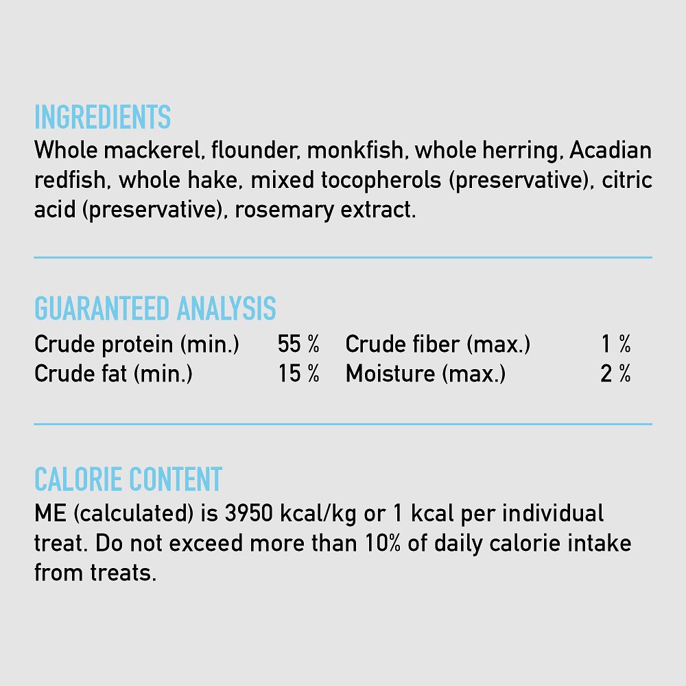 Orijen Six Fish Freeze-Dried Cat Treats – ingredients list visual (Canine & Co (South Africa))