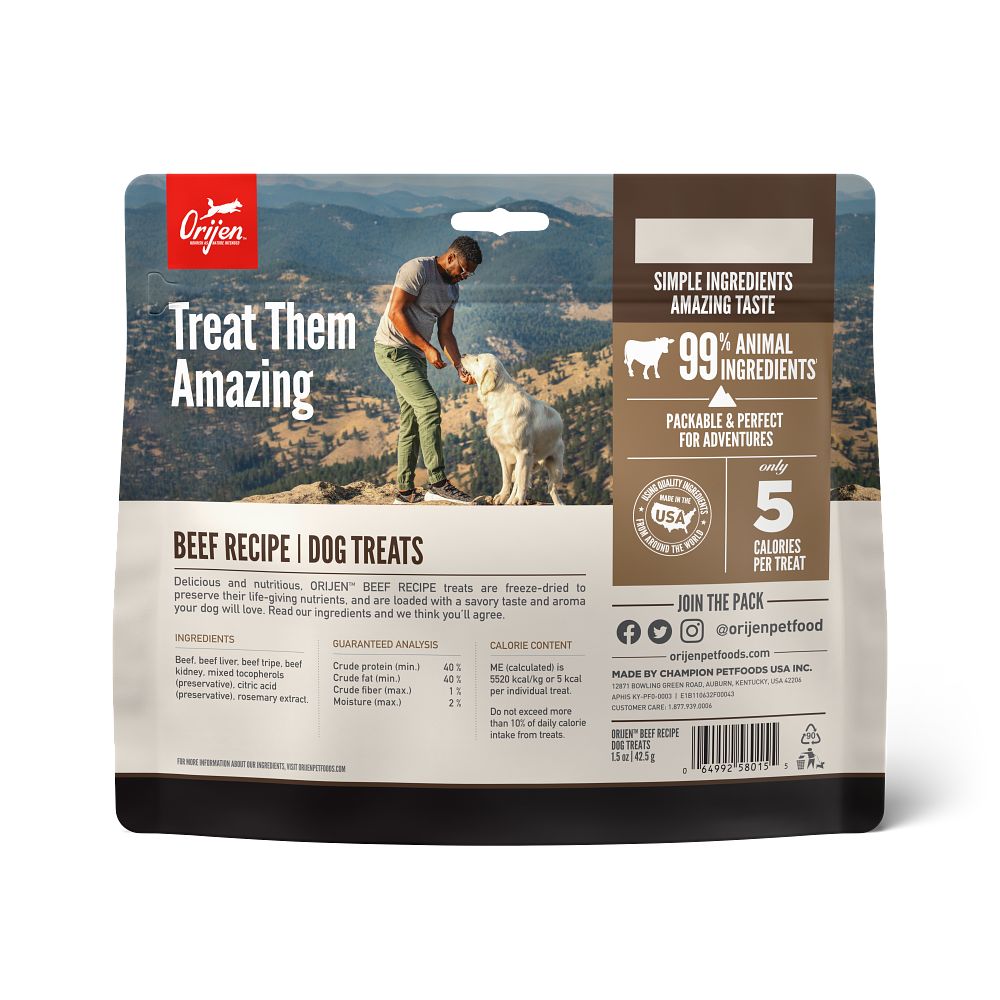 Orijen Ranch Raised Beef Freeze-Dried Dog Treats – back of bag packaging with nutrition details (SA)