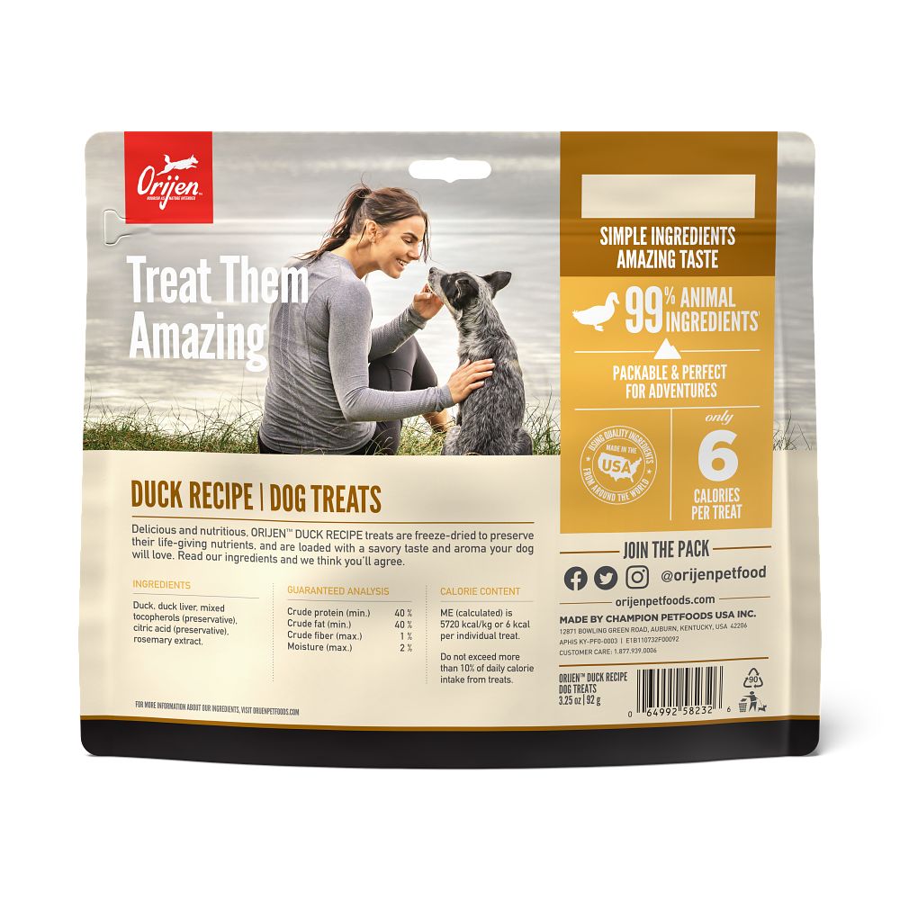 Orijen Free-Run Duck Freeze-Dried Dog Treats – back of bag packaging with nutrition details (SA)