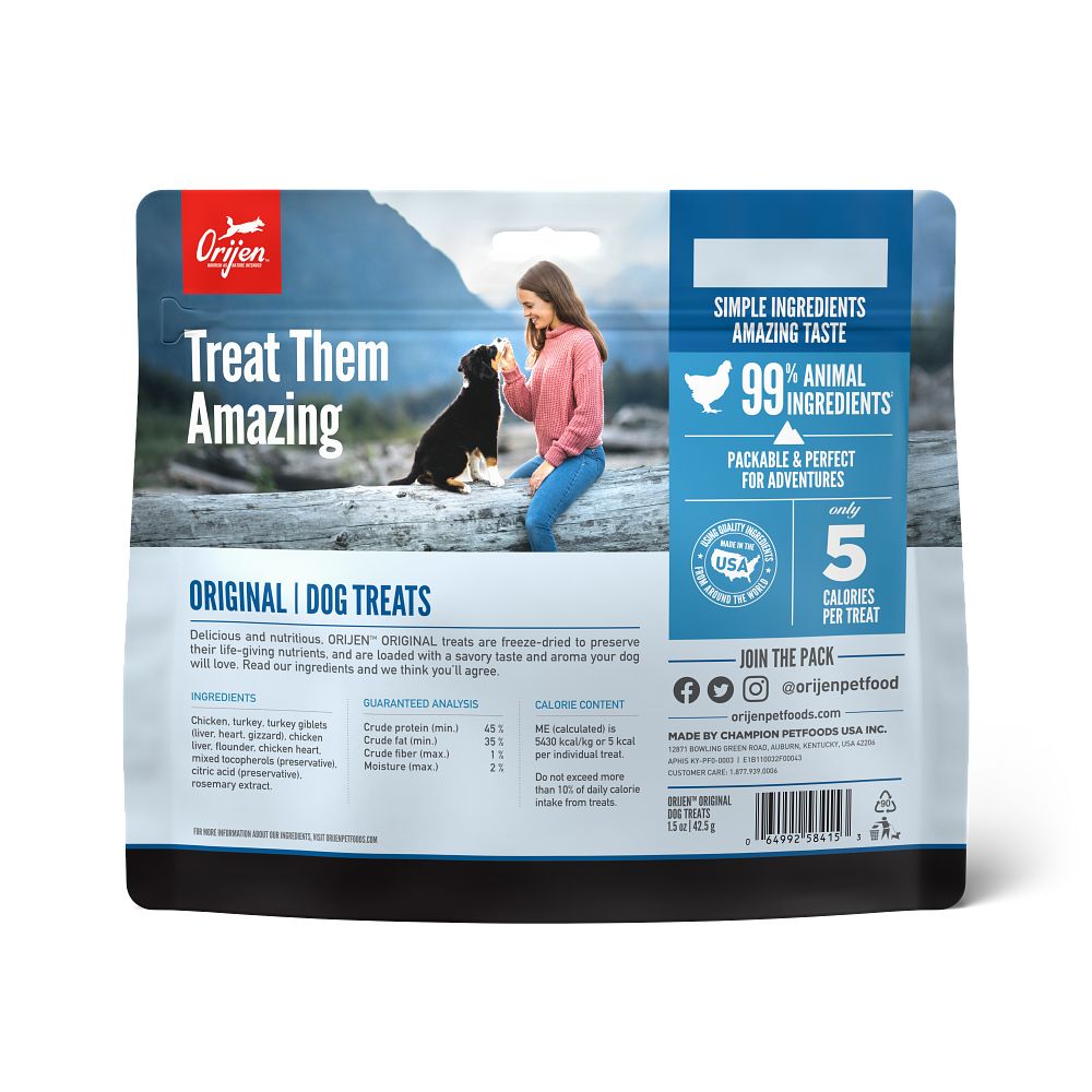 Orijen Original Freeze-Dried Dog Treats – back of bag packaging with nutrition details (SA)