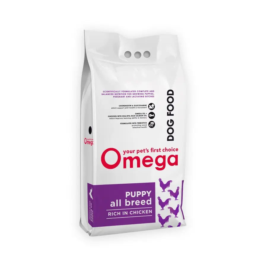 Omega puppy dog food bag, all breed formula, rich in chicken, designed for healthy growth and development.