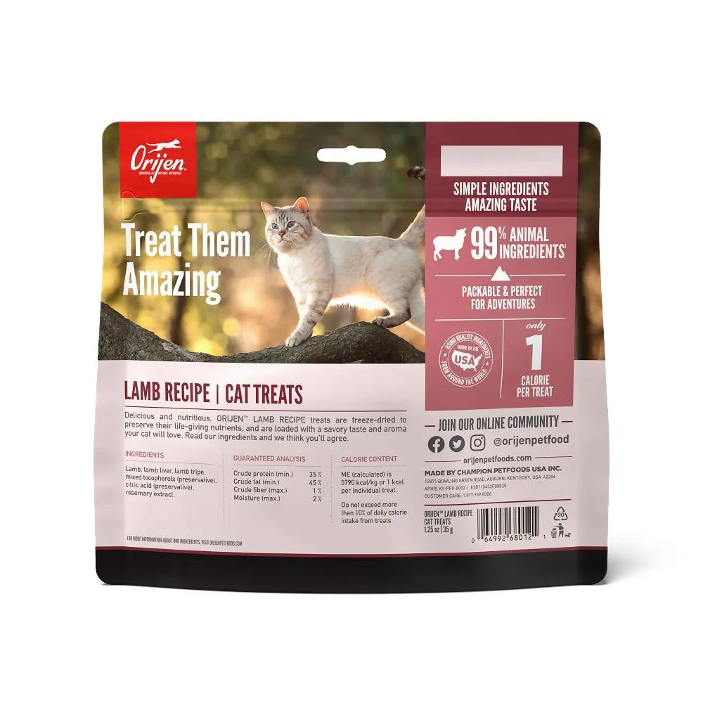 Orijen Lamb Recipe cat treats packaging featuring a cat and highlighting 94% animal ingredients.