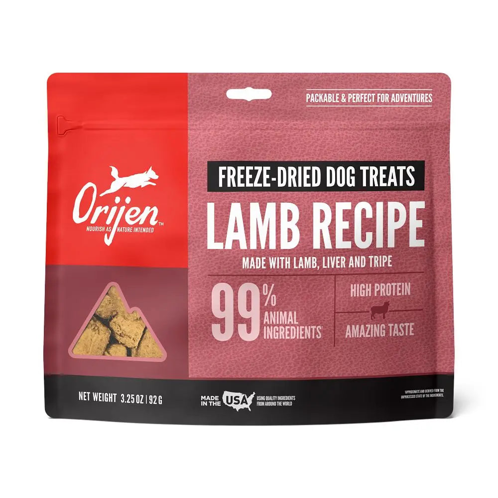 Freeze-dried lamb dog treats with high protein, perfect for adventures and made in the USA.