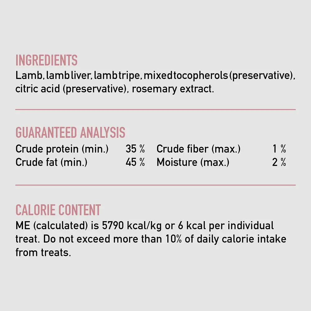 Dog food ingredients list featuring lamb, liver, tripe, and natural preservatives for optimal nutrition.