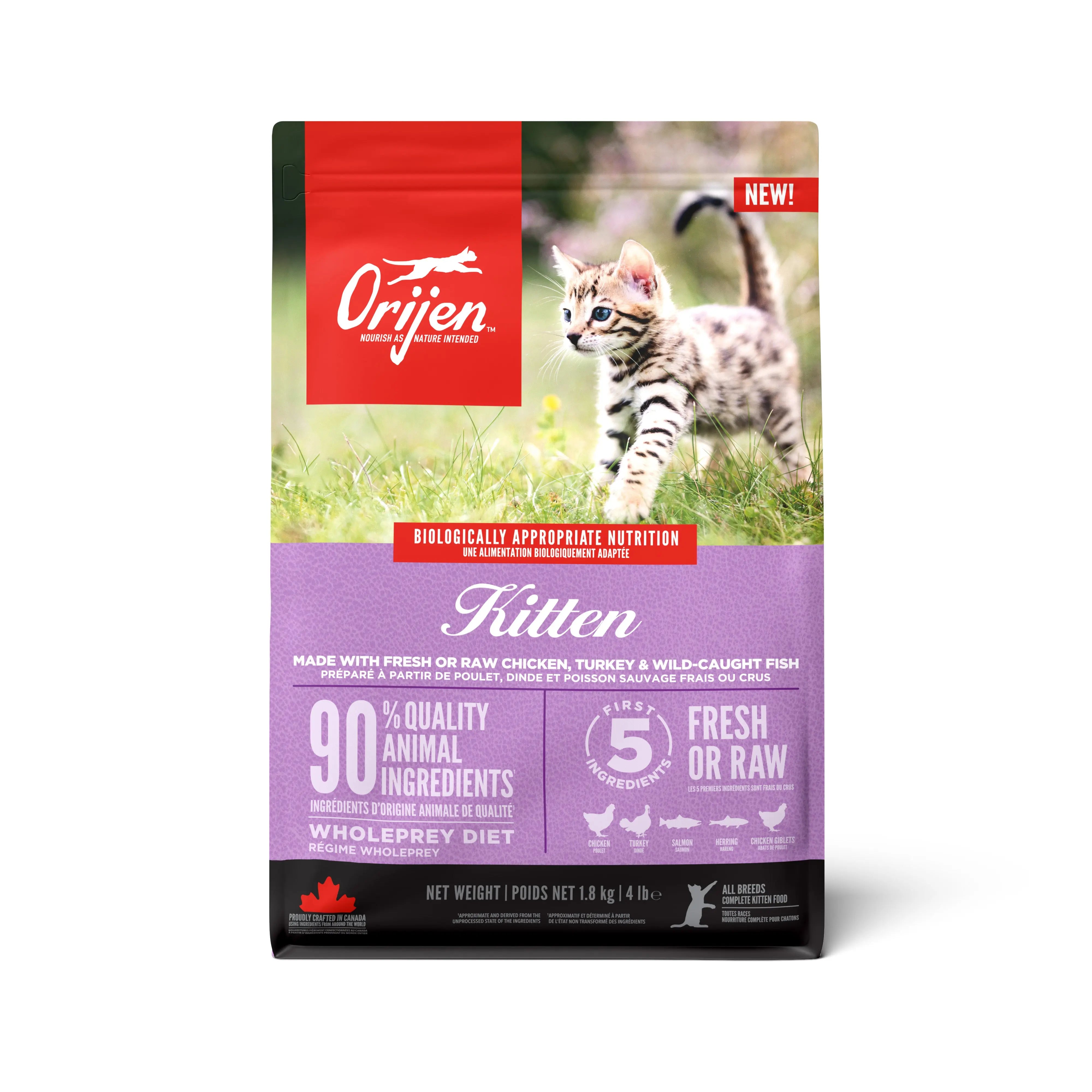 Orijen kitten food bag featuring fresh ingredients and high-quality animal protein for optimal nutrition.