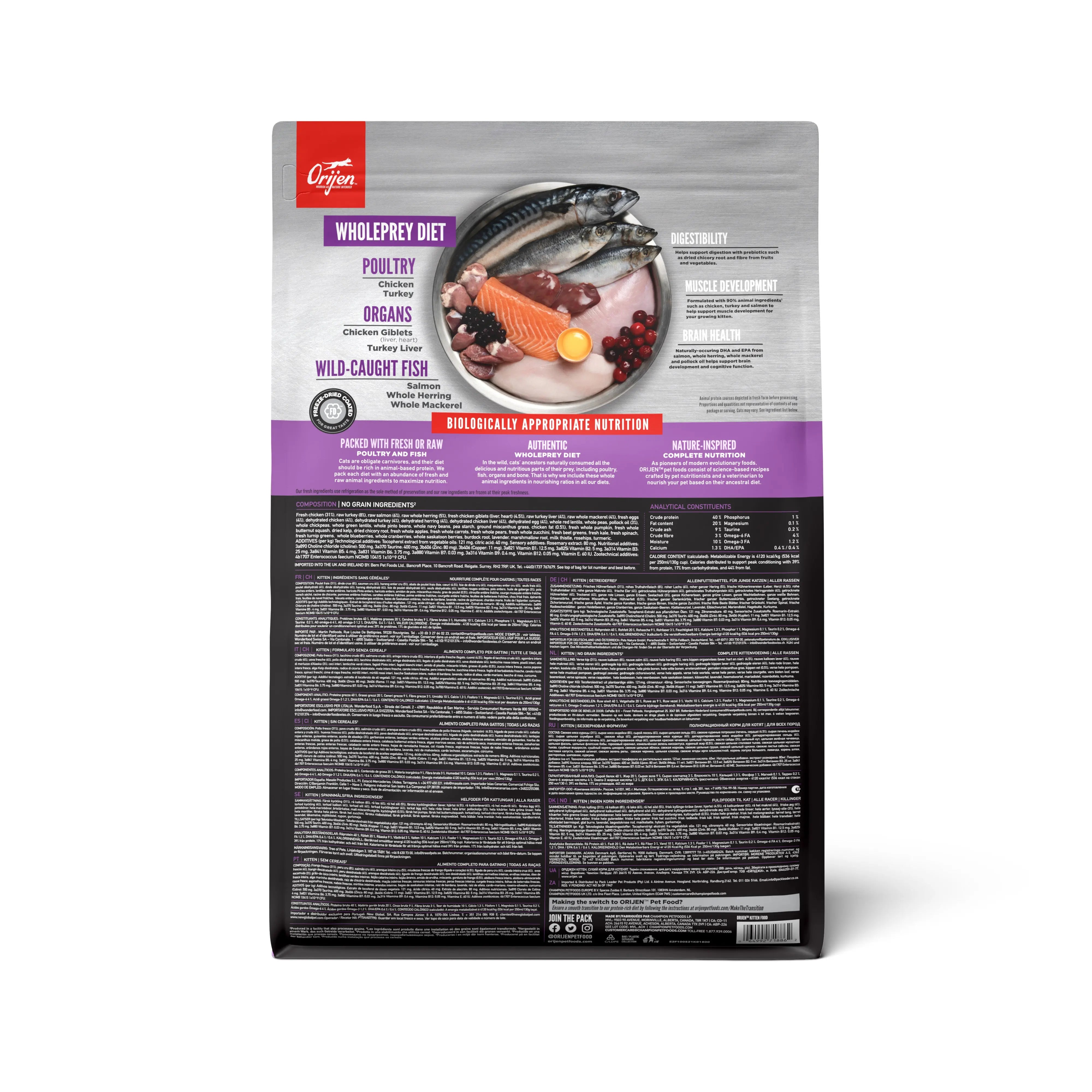 Wholeprey diet pet food bag featuring poultry, fish, and organ ingredients for balanced nutrition.