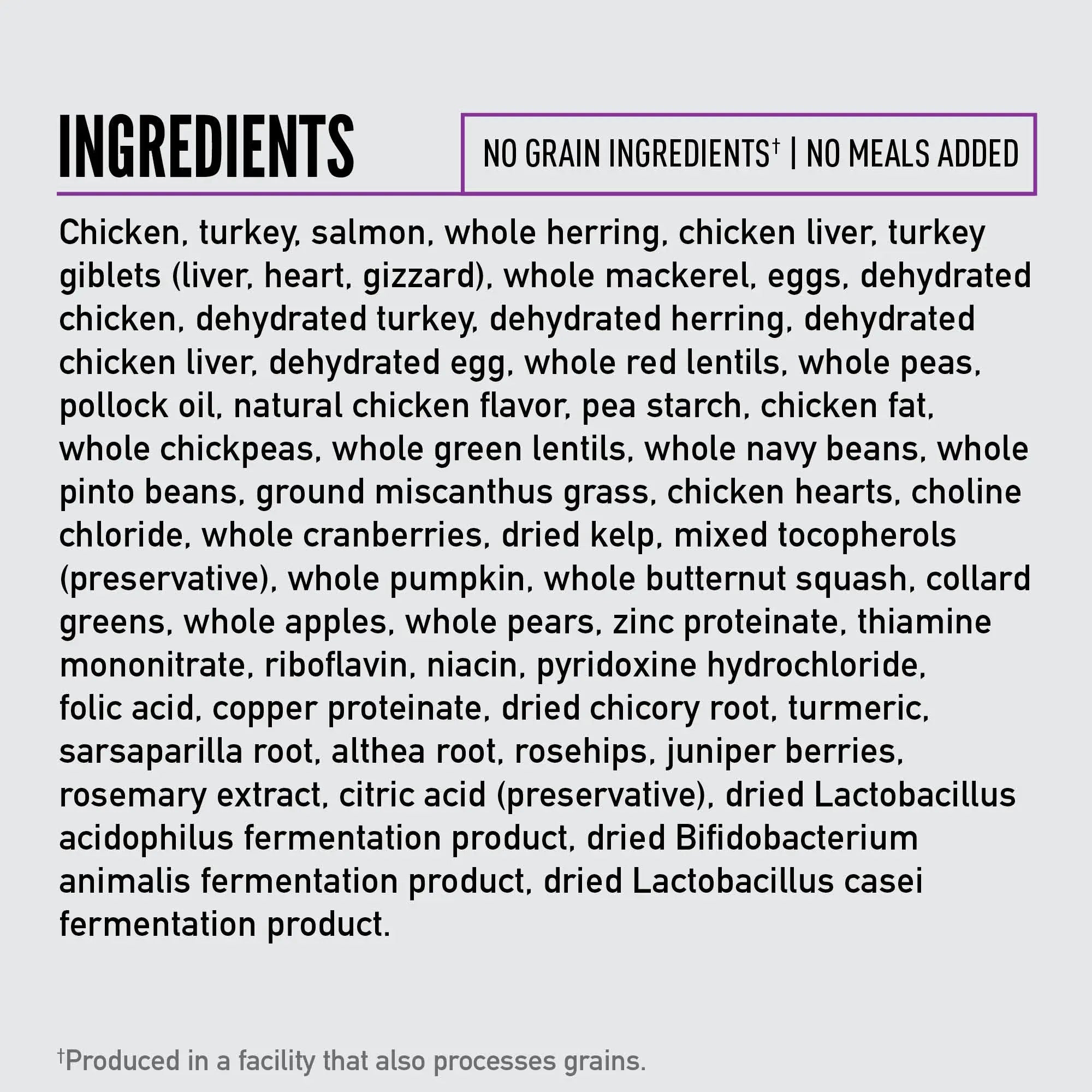 No grain ingredients, chicken, turkey, salmon, and various nutritious vegetables in a detailed infographic.