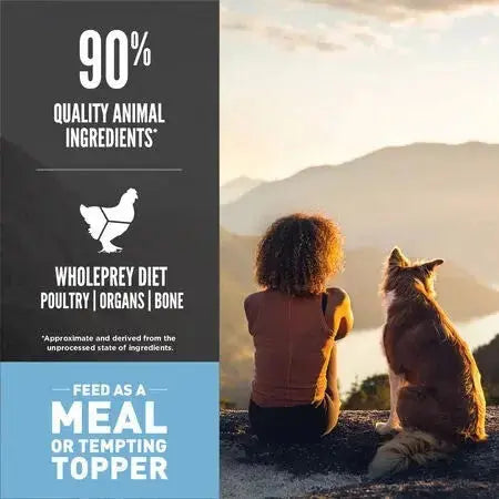 Woman and dog enjoying nature with a focus on quality animal ingredients for pet food.
