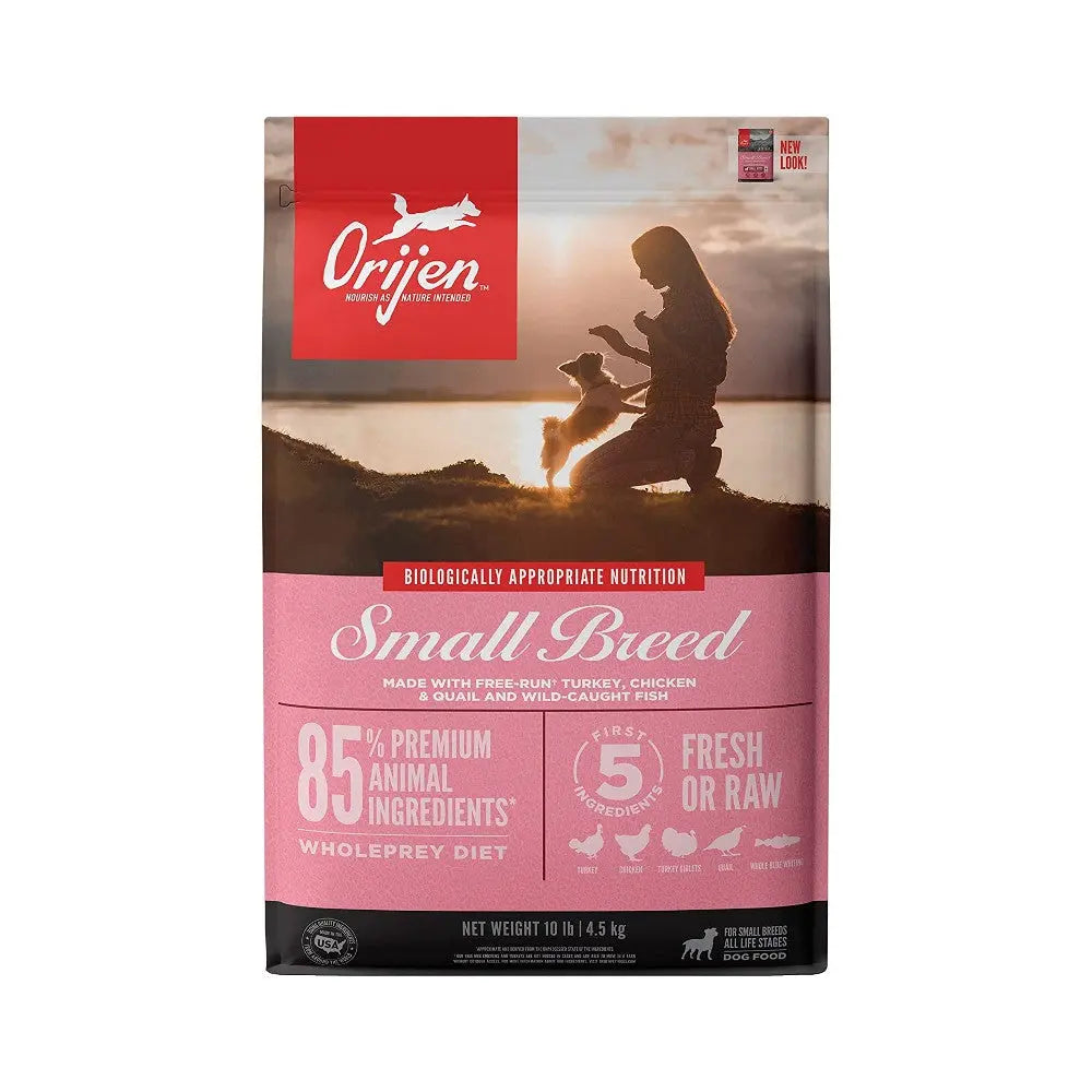 Orijen Small Breed dog food bag featuring 85% premium animal ingredients for a biologically appropriate diet.