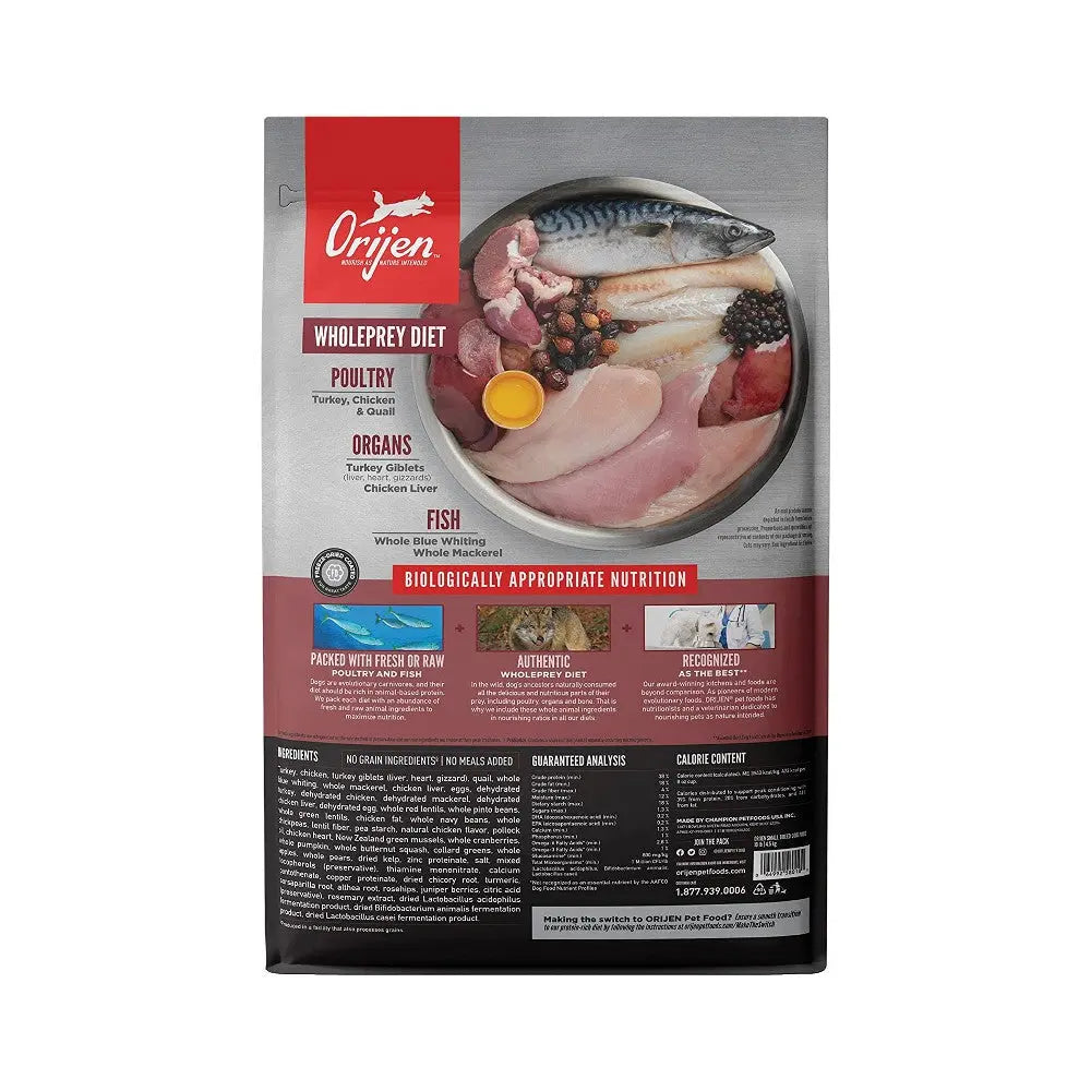 Orijen Wholeprey Diet dog food bag featuring turkey, fish, and organ ingredients for balanced nutrition.