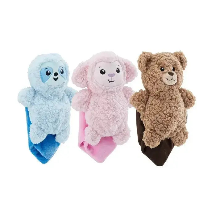 Plush animal toys in blue, pink, and brown, perfect for cuddling and playtime.