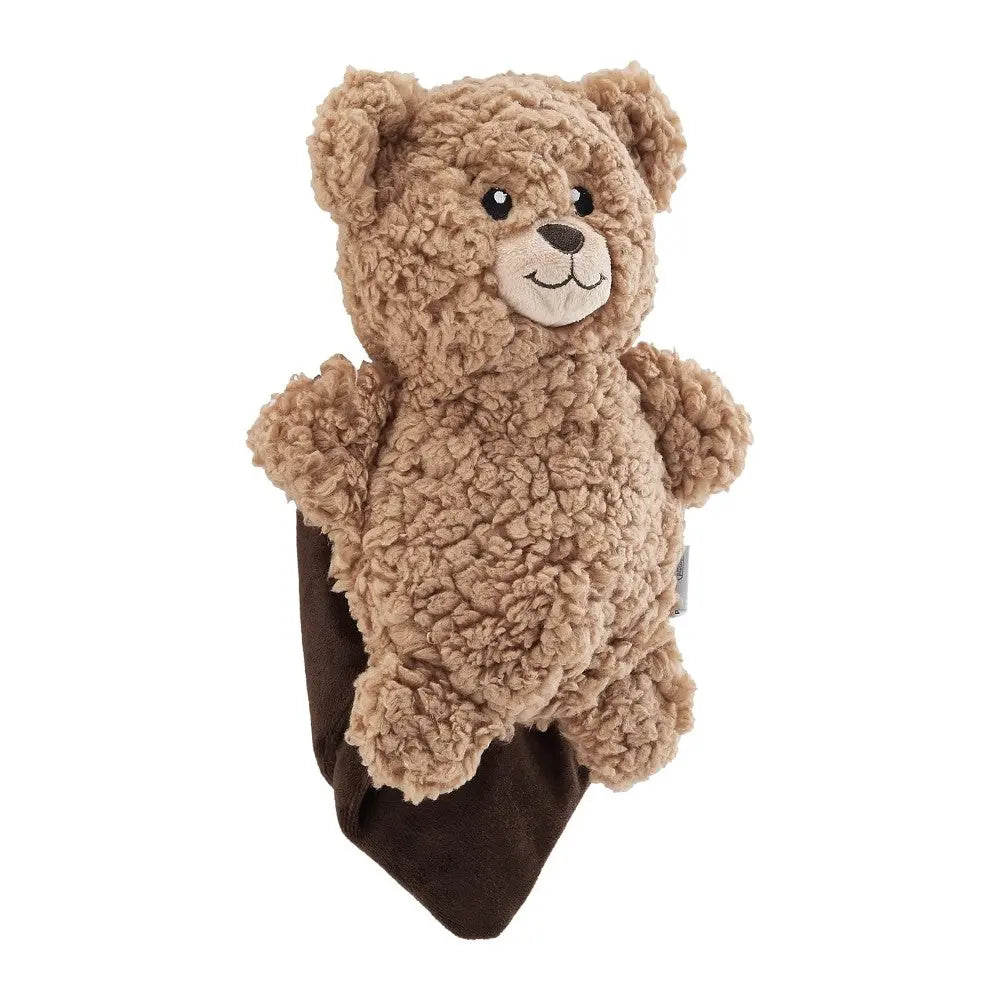 Soft teddy bear plush toy with a cozy brown blanket for cuddly comfort.