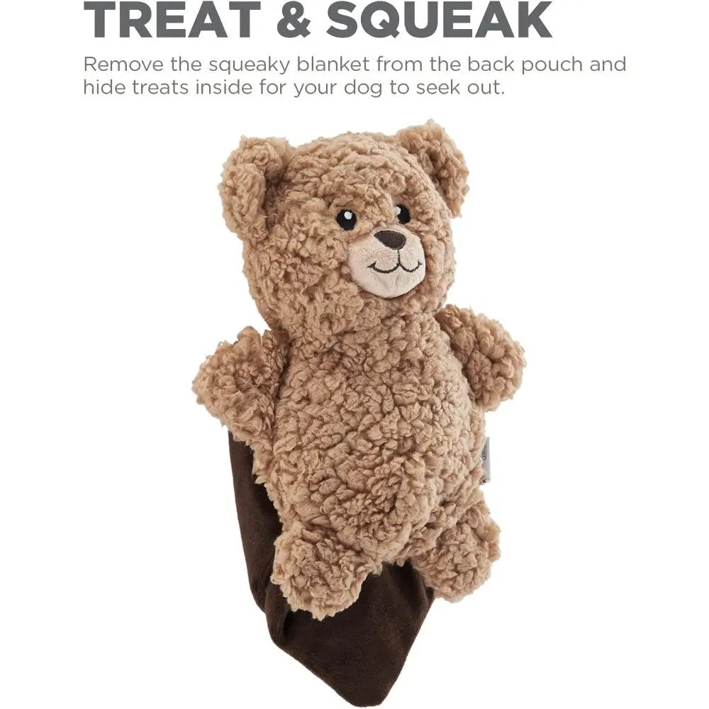 Plush teddy bear dog toy with hidden squeaky blanket for interactive play and treat hiding.