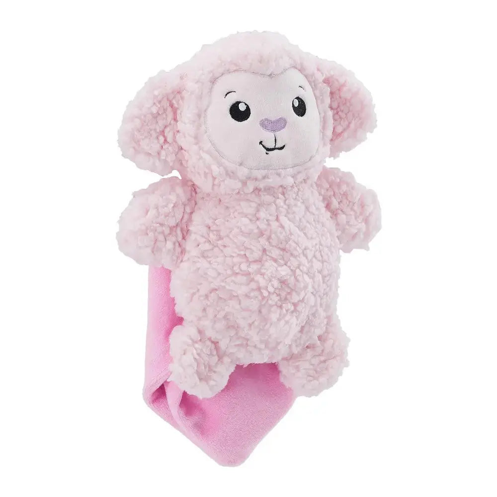 Soft pink sheep plush toy with a cozy blanket attachment for cuddly comfort.