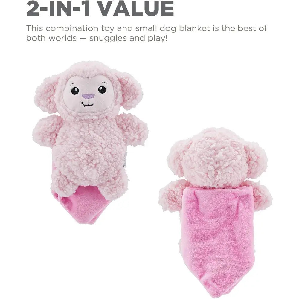 Pink plush dog toy and blanket combo for snuggling and playtime fun.