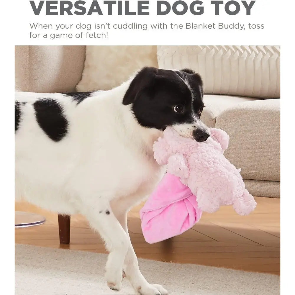 Dog playing with a versatile pink plush toy, perfect for fetch and cuddling.