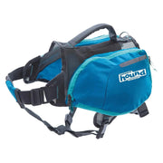 Durable blue dog backpack with adjustable straps and mesh pockets for outdoor adventures.