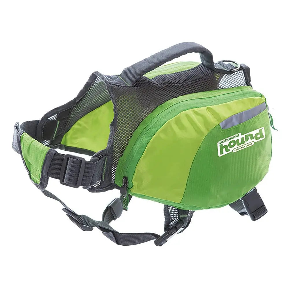 Lightweight green dog backpack with mesh panels for comfortable outdoor adventures.