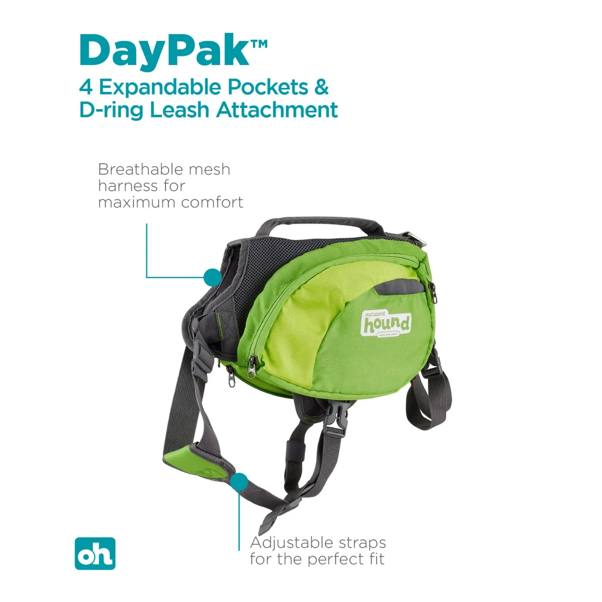 DayPak™ dog carrier with breathable mesh, adjustable straps, and four expandable pockets for convenience.