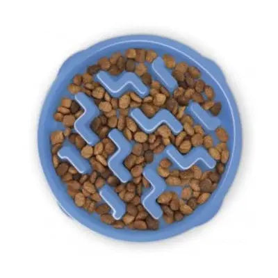 Interactive blue pet food bowl with kibble for slow feeding and mental stimulation.