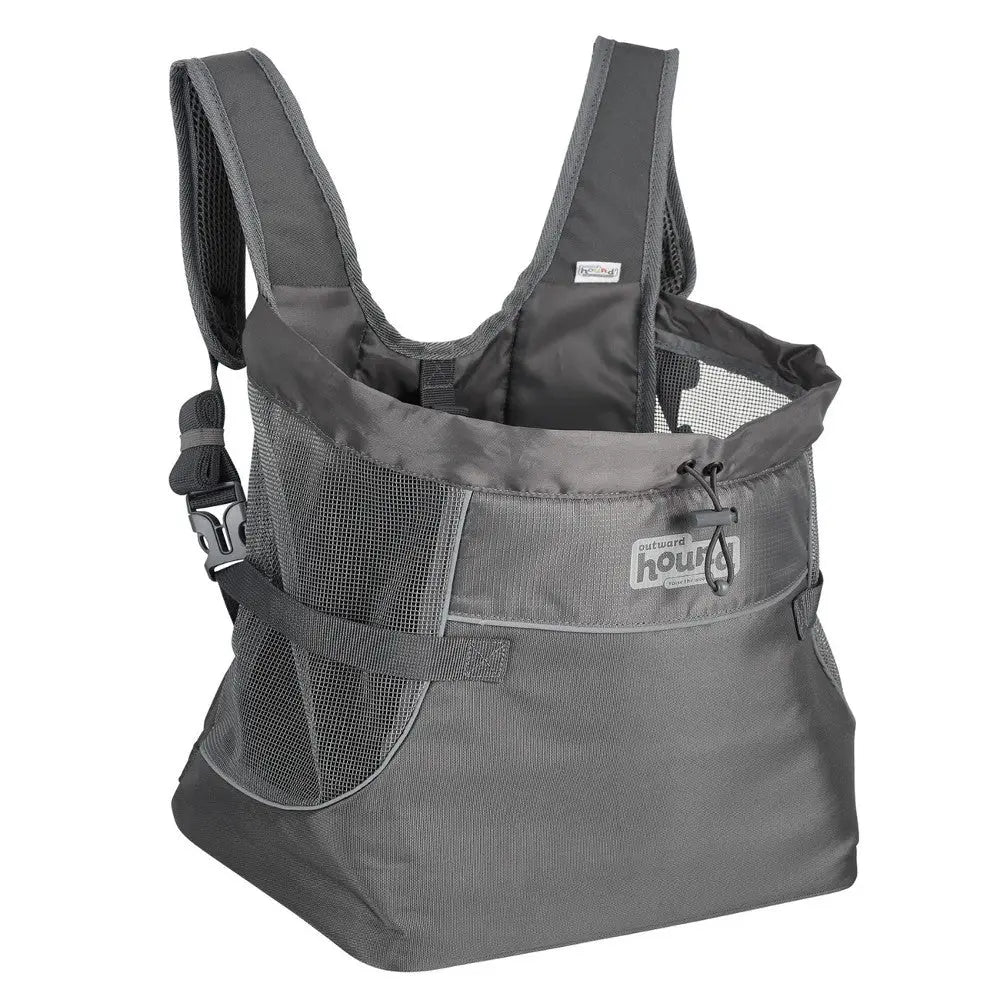 Gray baby carrier with mesh panels for breathability and comfort during outdoor activities.
