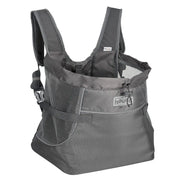 Gray baby carrier with mesh panels for breathability and comfort during outdoor activities.