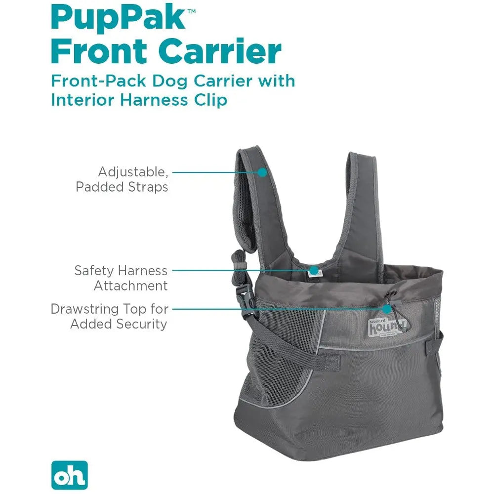 Adjustable front-pack dog carrier with padded straps and safety harness attachment for secure travel.