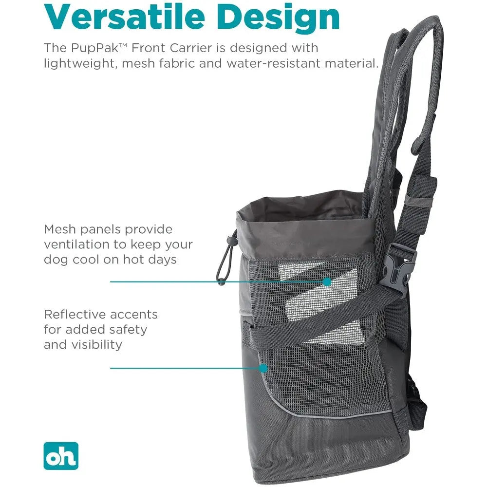Lightweight dog carrier with mesh panels for ventilation and reflective accents for safety.