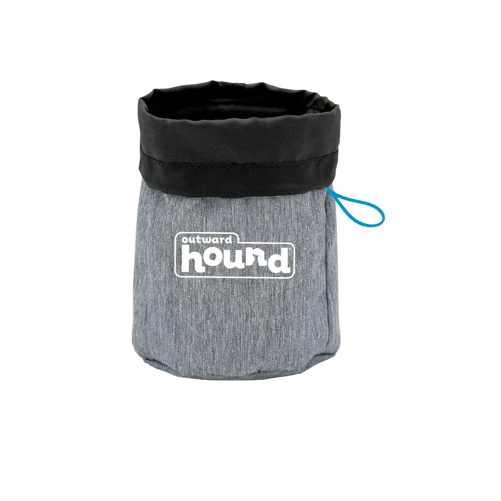 Outward Hound gray treat bag with a drawstring closure for convenient pet training.