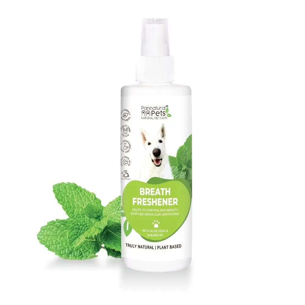 Natural pet breath freshener spray with mint for dogs, promoting fresh breath and oral health.