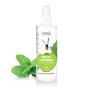 Natural pet breath freshener spray with mint for dogs, promoting fresh breath and oral health.