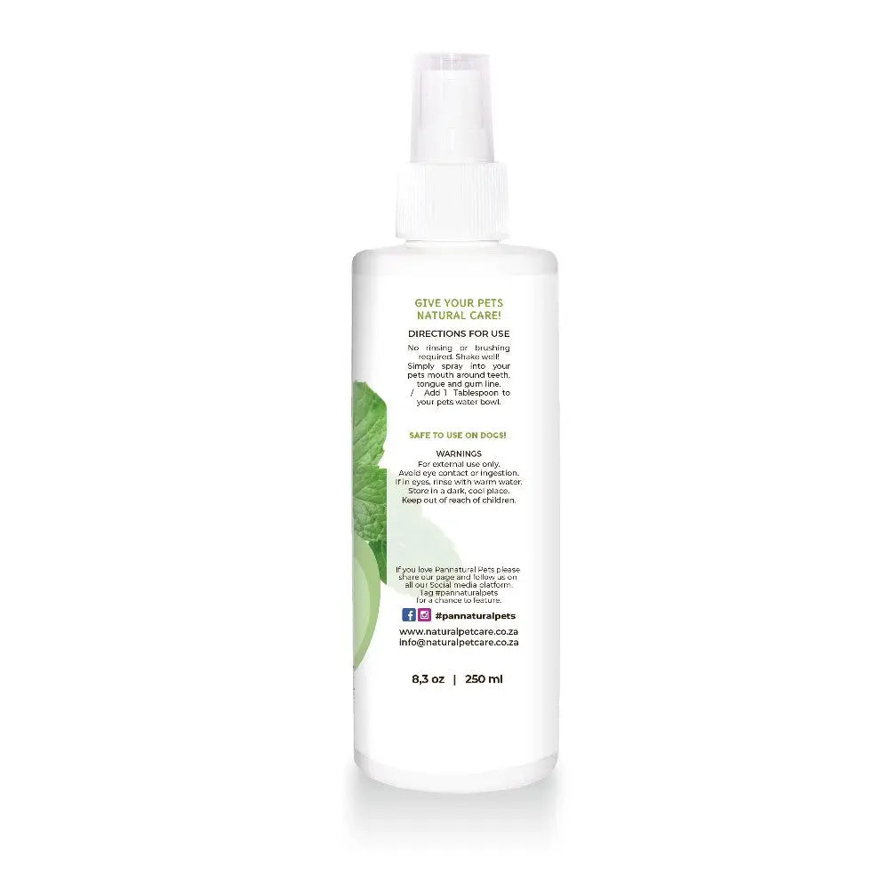 Natural pet care spray with usage directions and safety warnings on a white background.