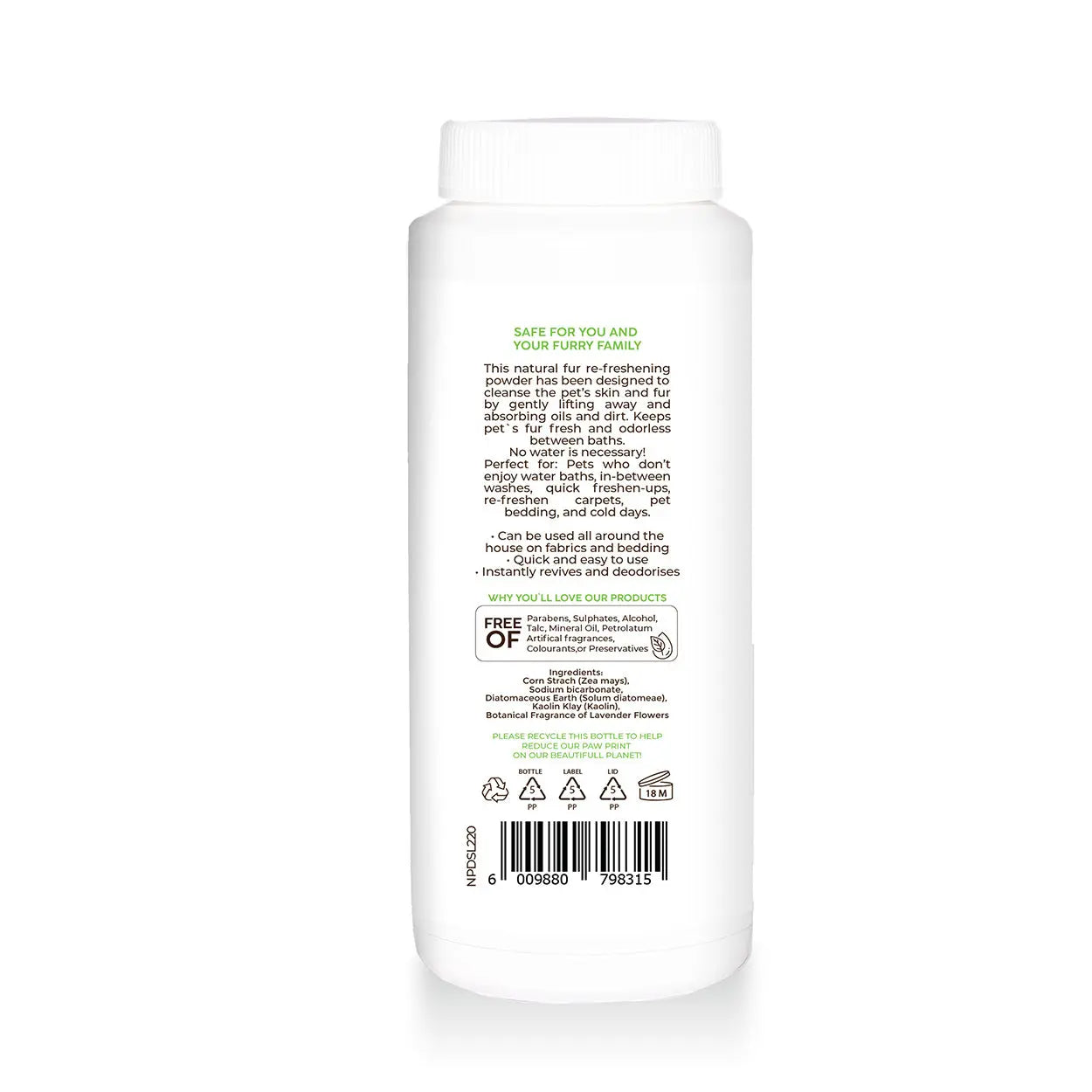 Natural pet refresher spray bottle with ingredients and usage instructions for a fresh environment.